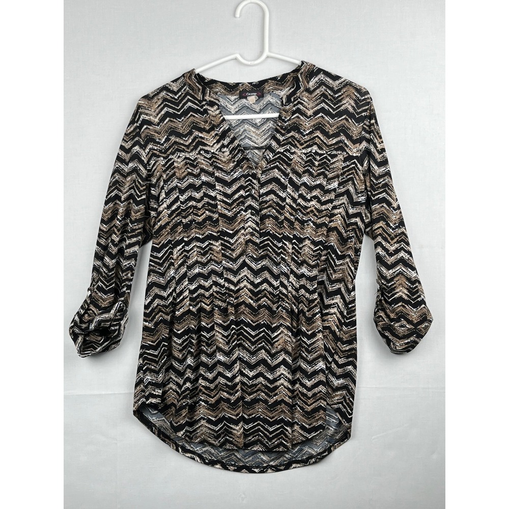 Cocomo Womens Chevron Zigzag Print Roll Tab 3/4 Sleeve Blouse Black Tan White L